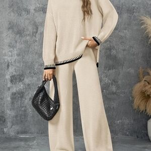 Chic Cream Women's Wide Leg Knit Set